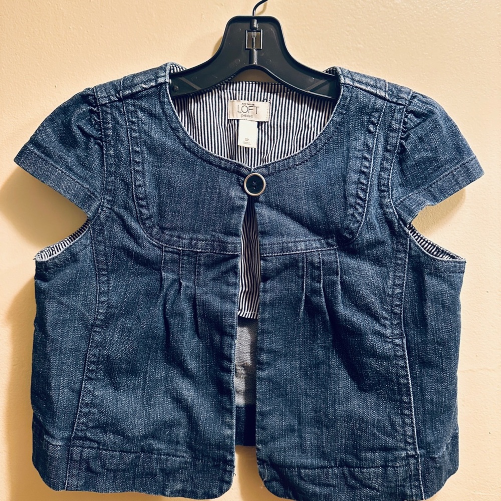 LOFT Blue Denim Blouse with Cap Sleeves and Cropped Fit